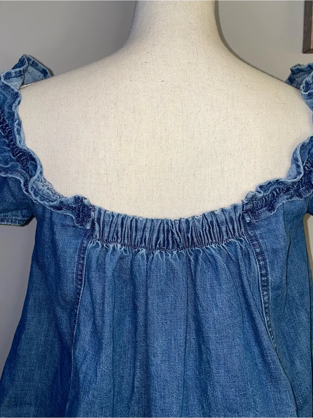 Free People Ruffle Denim Short Sleeve Blouse
